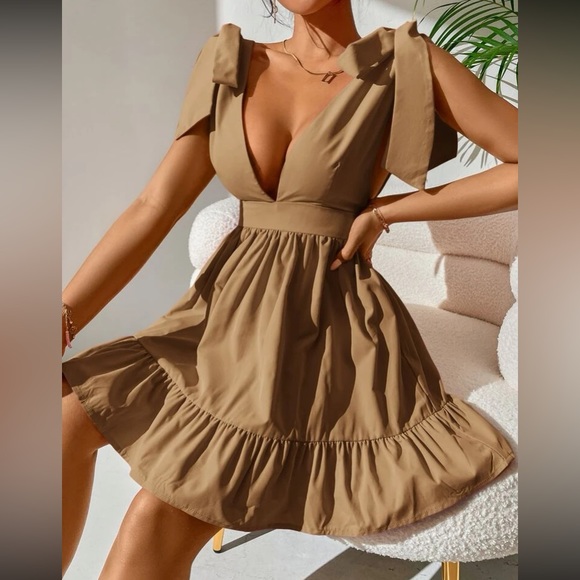 Dresses & Skirts - Boho tie shoulder ruffle hem dress yellow mustard